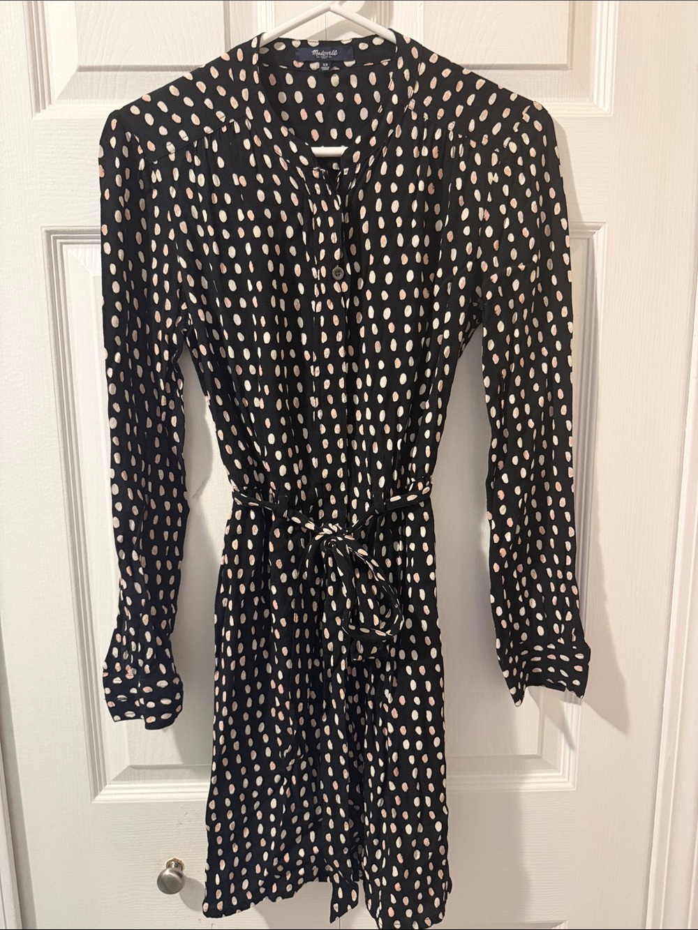 Madewell Black Long-Sleeve Polka Dot Tie-Waist Dress Size XS